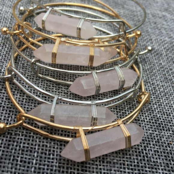 Double Terminated Rose Quartz Crystal Gold Bangle Bracelet - Picture 2 of 7